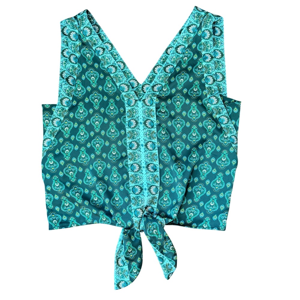LOFT Paisley Tie Front Sleeveless Statement Blouse Tank (SM) Green Blue Career